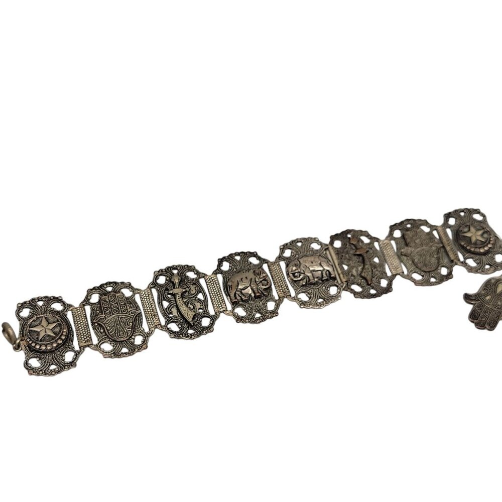 Morocco Souvenir Bracelet Hashi Hand Elephants Stars Nimcha Sword Links Vtg - Picture 5 of 10